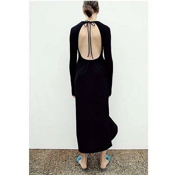 Zara Cut Out Black Open Back Keyhole Dress Maxi Slit S Long Sleeve - Picture 5 of 14